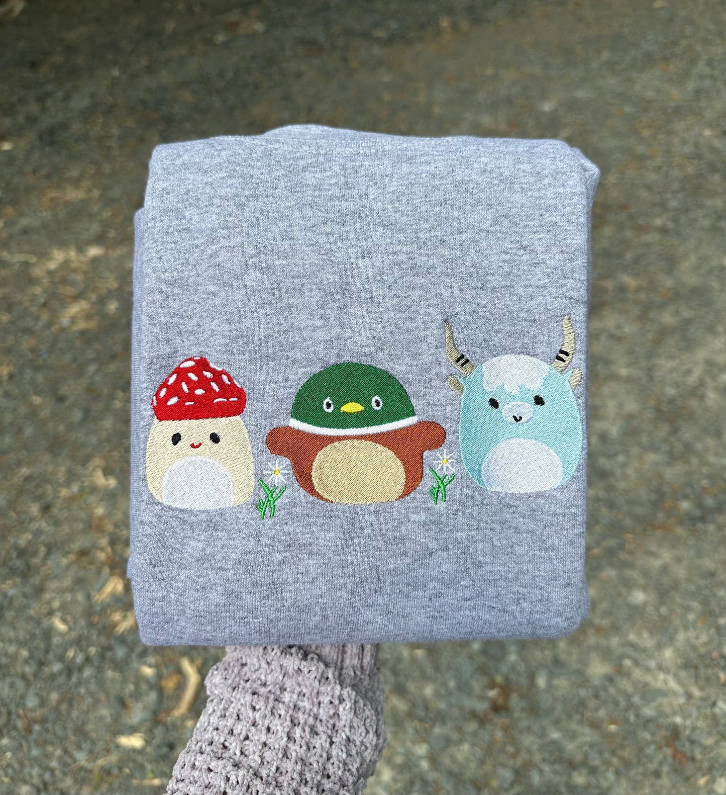Squishmallow Mushroom Bird and Moose Embroidery Crewneck Sweatshirt