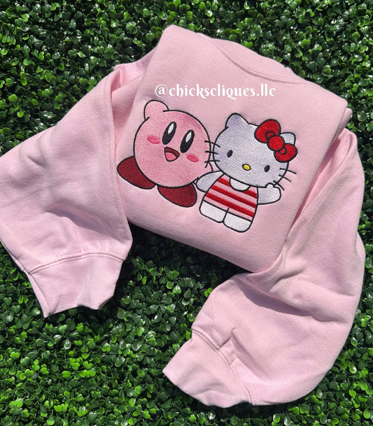 Kirby x Kitty Waving Embroidery Crewneck Sweatshirt