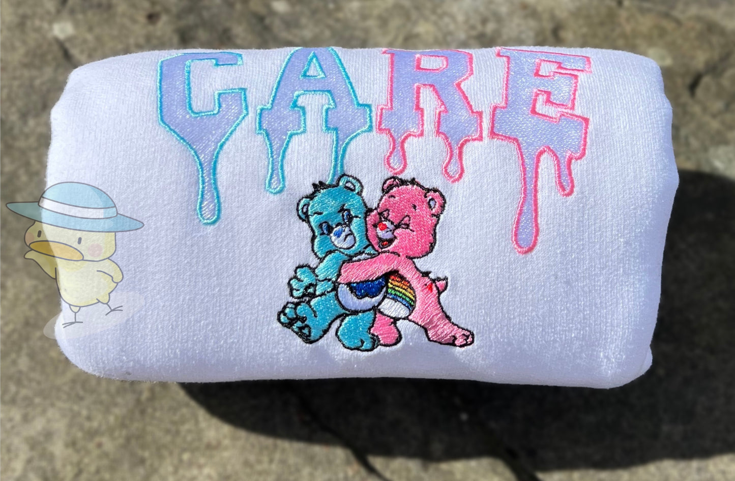Rainbow and Grumpy Bear Drip Embroidery Crewneck Sweatshirt