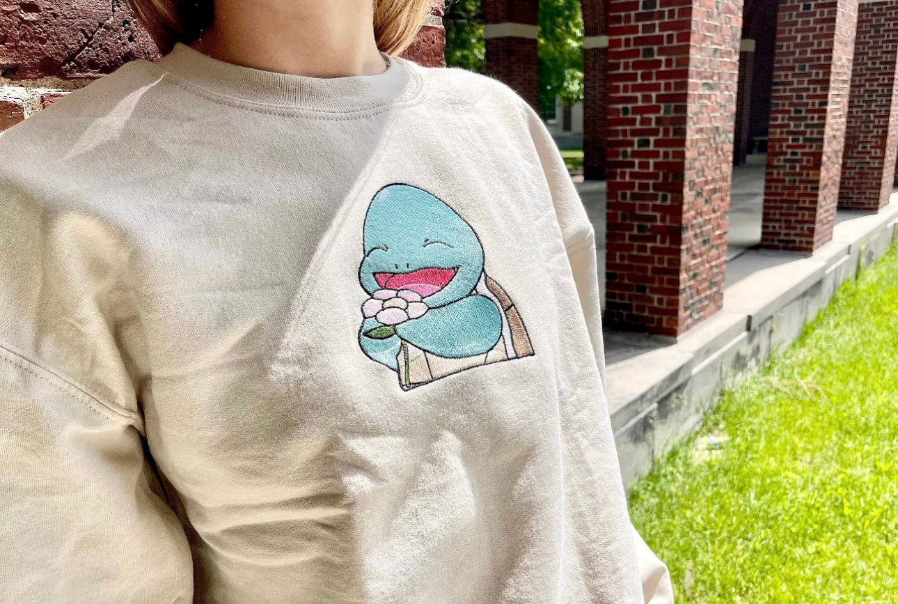 Anime Turtle Flower Embroidery Crewneck Sweatshirt