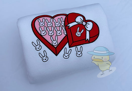 Bad Bunny Chocolate Heart Valentines Embroidery Crewneck Sweatshirt