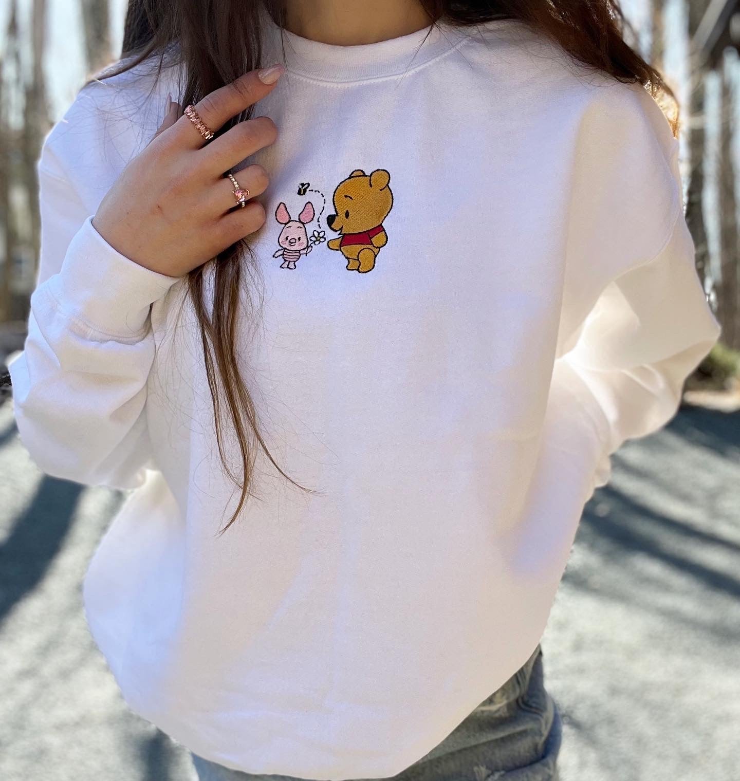Piglet and Bear Honey Bee and Sunflower Embroidery Crewneck Sweatshirt