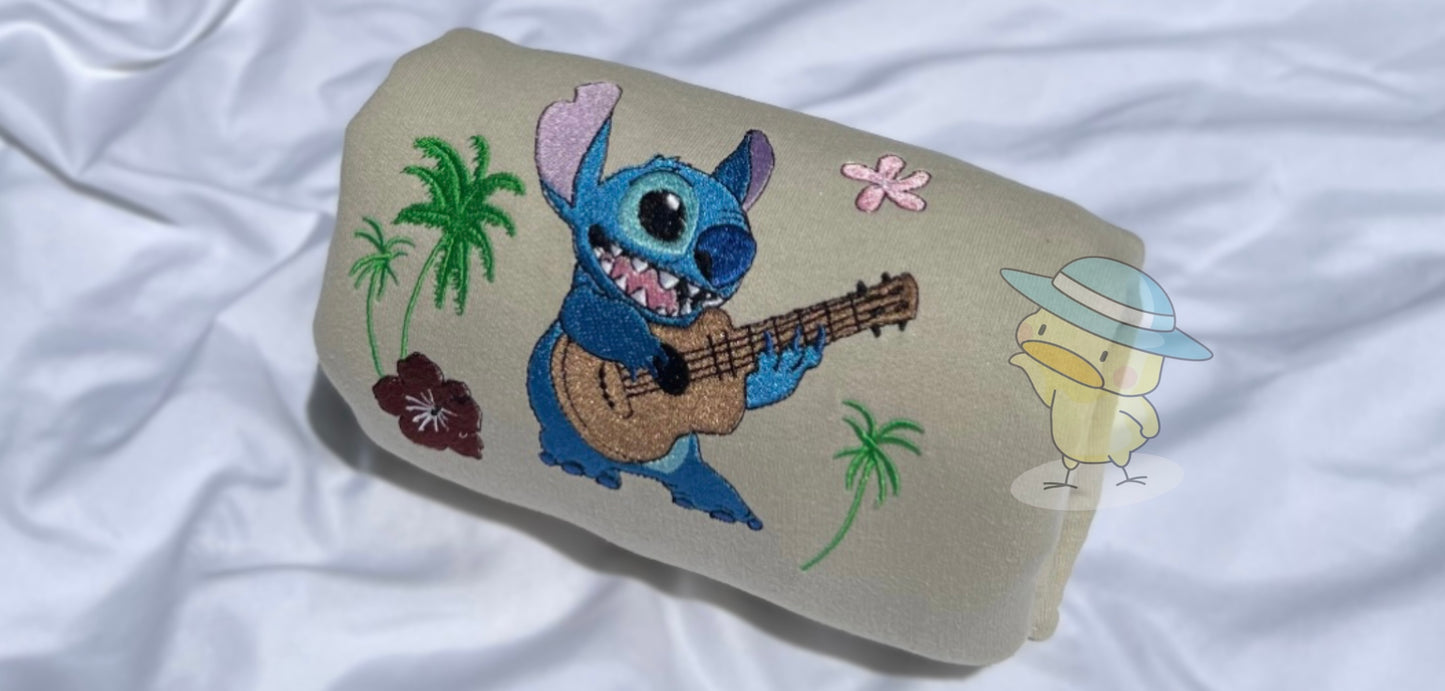 Stitch Playing Guitar Hawaiian Embroidery Crewneck Sweatshirt
