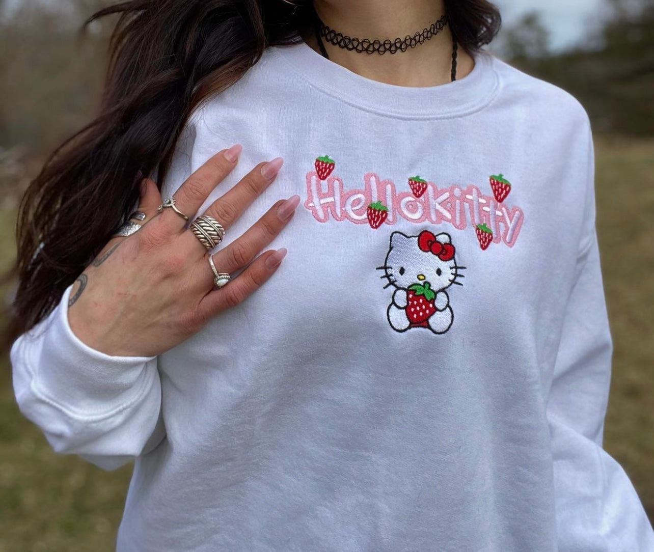 Kitty Strawberry Fruit Y2K Embroidery Crewneck Sweatshirt