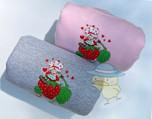 Strawberry and Cat Vintage Embroidery Crewneck Sweatshirt